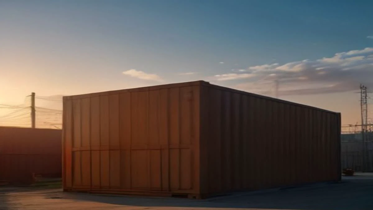 medium shot of a shipping container yard at golden hour with cranes in the background, used as the opening image